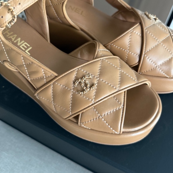 Authentic Chanel Gold Lambskin Platform Sandals - Picture 4 of 7